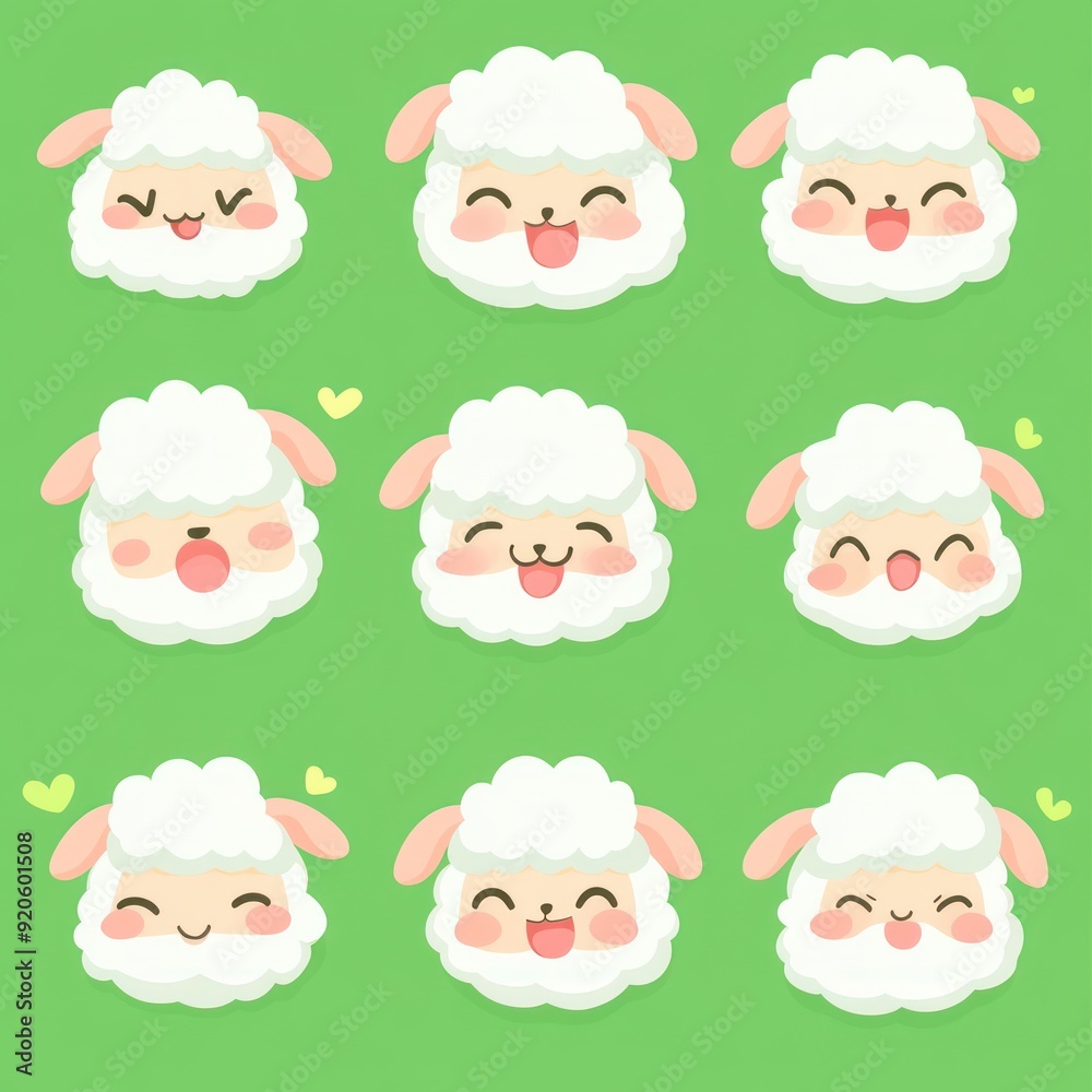 Nine cute cartoon sheep faces with different expressions. Nine cute cartoon sheep faces with different expressions.