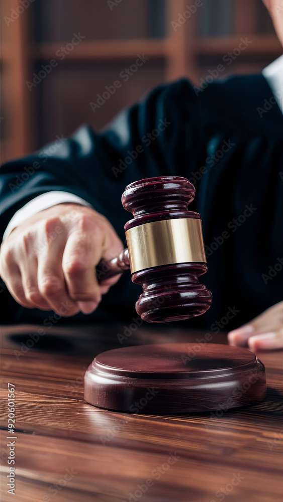 The judge's hand is in the courtroom with the gavel. Vertical illustration, macro shot about jurisprudence and judicial practice The judge's hand is in the courtroom with the gavel. Vertical illustration, macro shot about jurisprudence and judicial practice