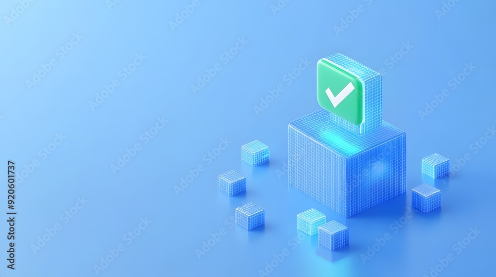 3D illustration of a green checkmark on a blue block, representing verification and approval on a minimalistic blue background.