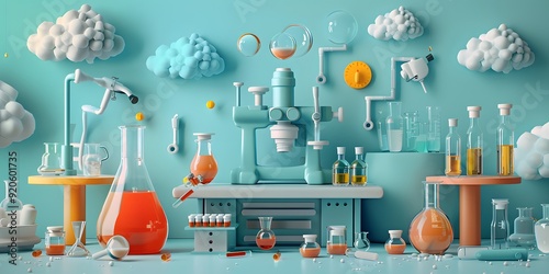 3D Macaron-Colored Laboratory for Kids Education, Playful and Colorful Design with Experiment Tools Including Bottles, Magnifying Glass, Test Tubes, and More, Perfect for Children’s Educational Themes