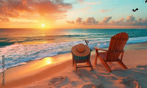 Colorful beach chairs with summer and hats on the sand at sunset, ocean in the background, birds flying in the sky. photo