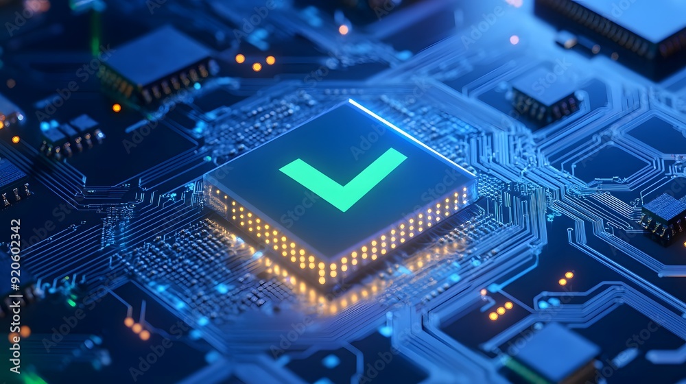 A close-up of a glowing semiconductor chip with a check mark symbol, illustrating advanced microprocessor technology and circuit design. A close-up of a glowing semiconductor chip with a check mark symbol, illustrating advanced microprocessor technology and circuit design.