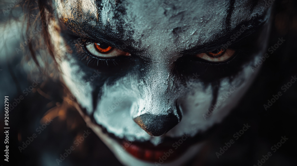 Close-up of a person with dramatic face paint, featuring intense eyes and dark makeup. Evokes a sense of mystery and ominous presence. Close-up of a person with dramatic face paint, featuring intense eyes and dark makeup. Evokes a sense of mystery and ominous presence.