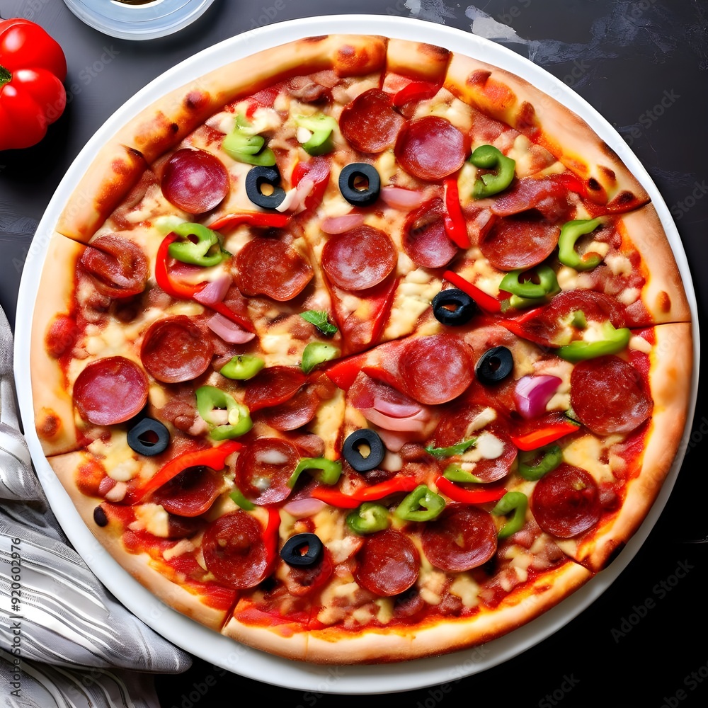 A pizza with chorizo, olives, small sliced sausages, red bell peppers, green bell peppers. On a white plate, top view A pizza with chorizo, olives, small sliced sausages, red bell peppers, green bell peppers. On a white plate, top view