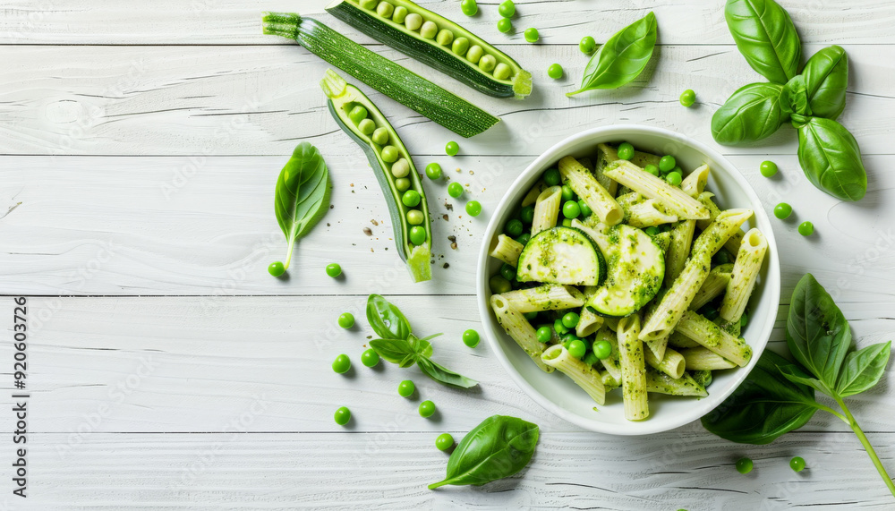 Obraz premium Fresh Penne Pasta with Pesto, Zucchini, and Peas