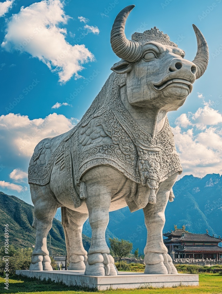 Fototapeta premium A large white marble statue of a bull, in front of a building and mountains.