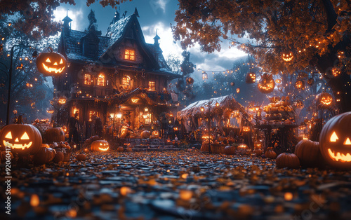 Spooky Halloween night with glowing jack-o'-lanterns, haunted house, and autumn leaves. Perfect festive fall and holiday image. photo