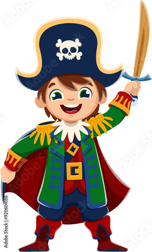 Cartoon kid boy pirate captain character with saber in tricorne hat, vector sailor personage. Happy funny boy in pirate or corsair costume with Jolly roger skull and crossbones on hat with saber