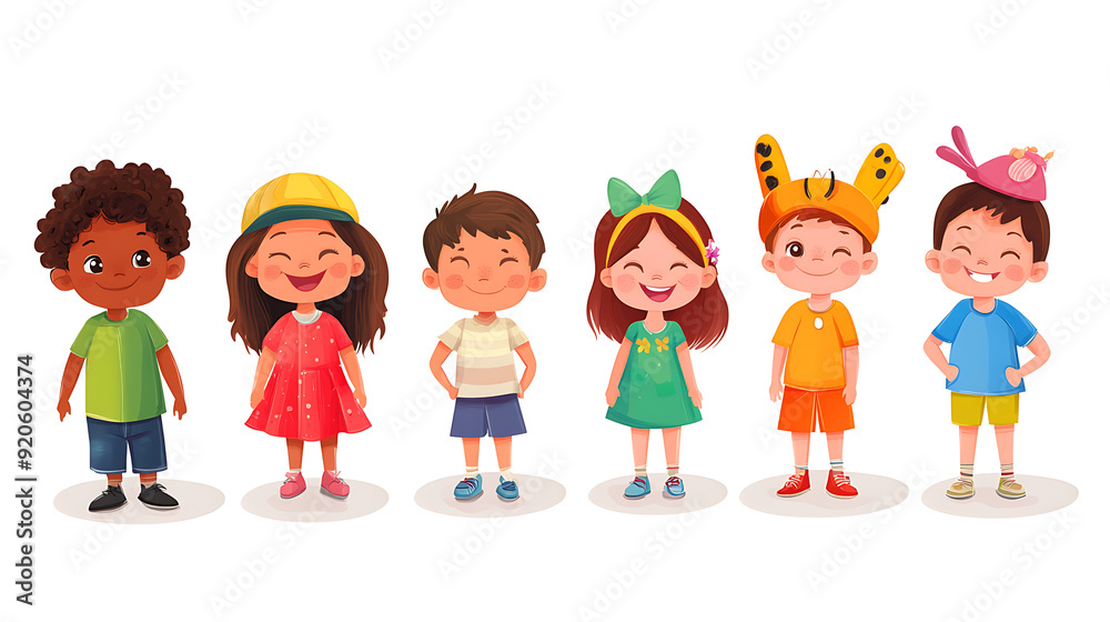 Illustration of six cheerful children standing in a row, dressed in bright, colorful outfits, with big smiles and playful expressions. Illustration of six cheerful children standing in a row, dressed in bright, colorful outfits, with big smiles and playful expressions.