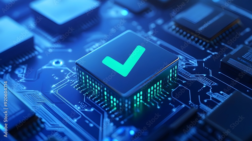 Close-up of a computer chip with a glowing checkmark symbol on a circuit board, representing technology validation and high-tech approval. Close-up of a computer chip with a glowing checkmark symbol on a circuit board, representing technology validation and high-tech approval.