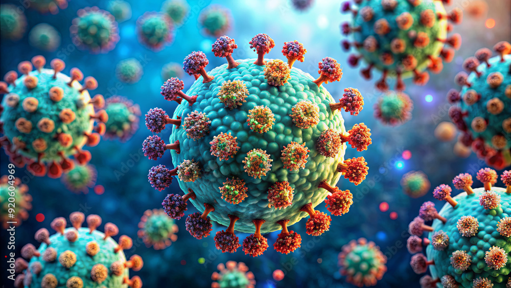 Viruses display intricate structures and textures in a vibrant microscopic landscape, highlighting their biological significance and diversity