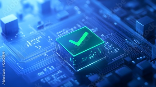 Close-up of a computer circuit board with a glowing green check mark symbol, representing successful technology integration.