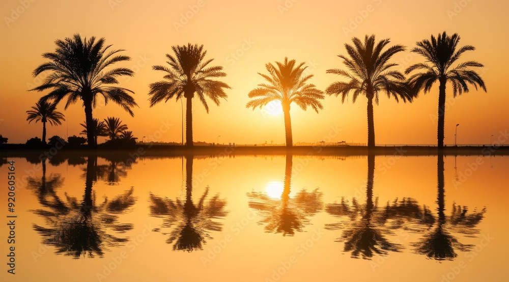 A breathtaking and stunning sunset view featuring tall palm trees alongside serene water reflections that captivate A breathtaking and stunning sunset view featuring tall palm trees alongside serene water reflections that captivate