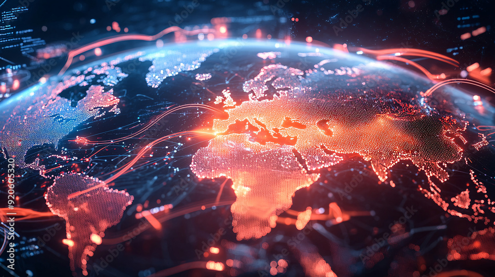 A computer generated image of a globe with red and blue lines. The globe is surrounded by a network of lines, and the colors are bright and intense. Concept of chaos and complexity. A computer generated image of a globe with red and blue lines. The globe is surrounded by a network of lines, and the colors are bright and intense. Concept of chaos and complexity.