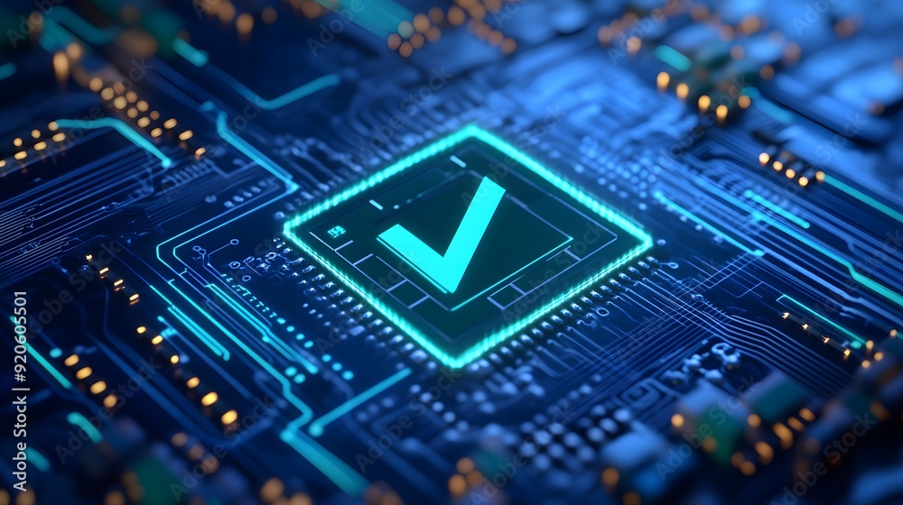 Close-up of a digital circuit board with a glowing checkmark, depicting technology, security, and validation concepts. Close-up of a digital circuit board with a glowing checkmark, depicting technology, security, and validation concepts.