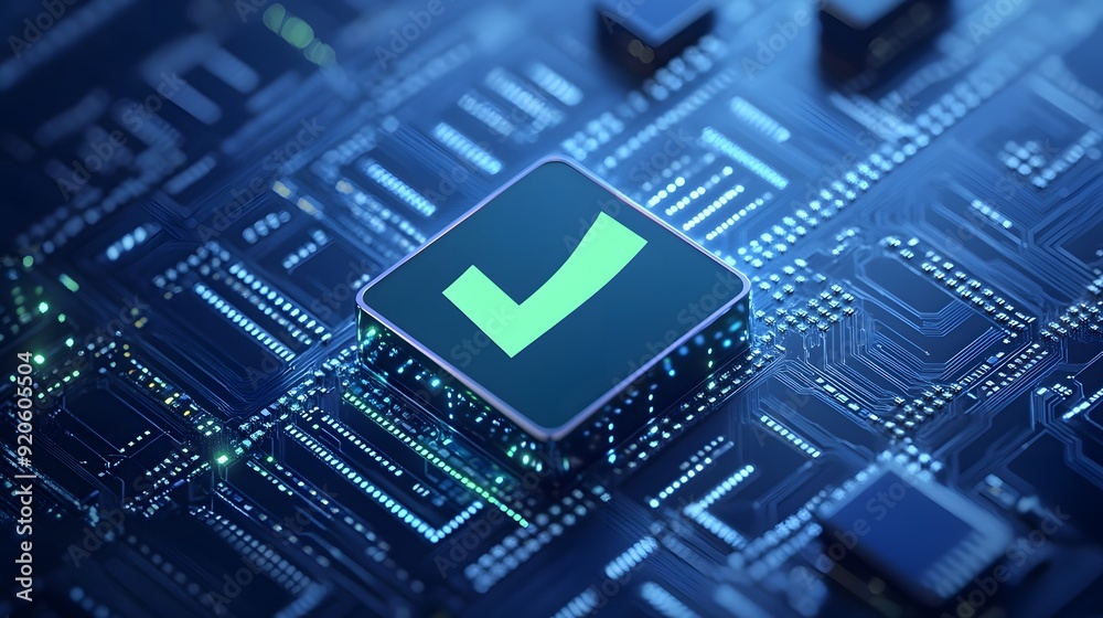Close-up of a digital circuit board with a glowing checkmark symbol, representing technology, cybersecurity, and digital verification. Close-up of a digital circuit board with a glowing checkmark symbol, representing technology, cybersecurity, and digital verification.