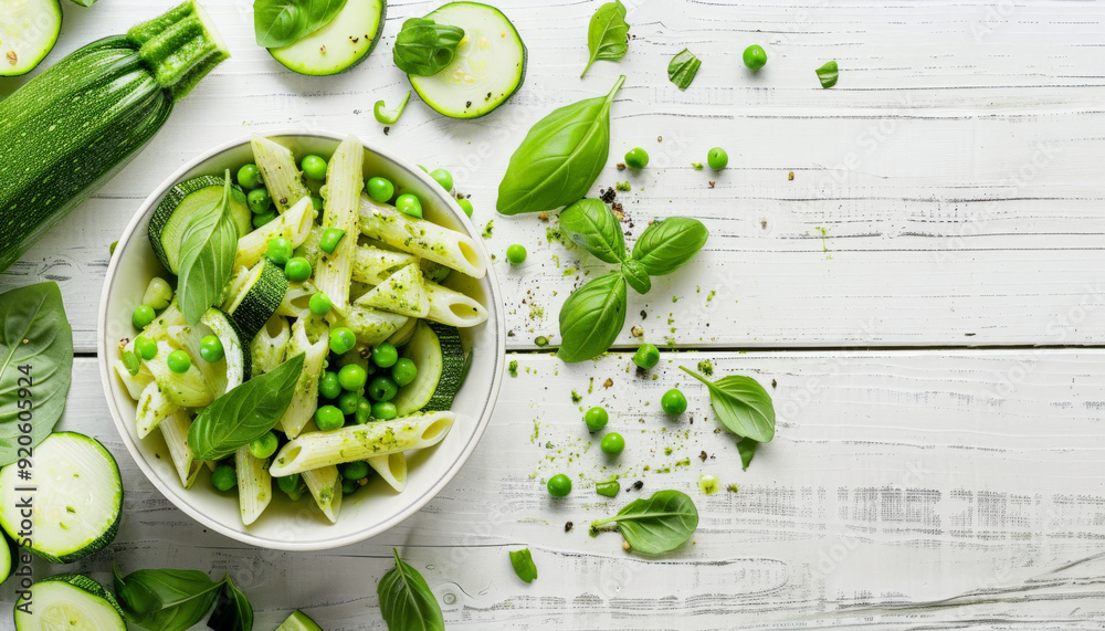 Obraz premium Pesto Penne Pasta with Zucchini, Peas, and Basil