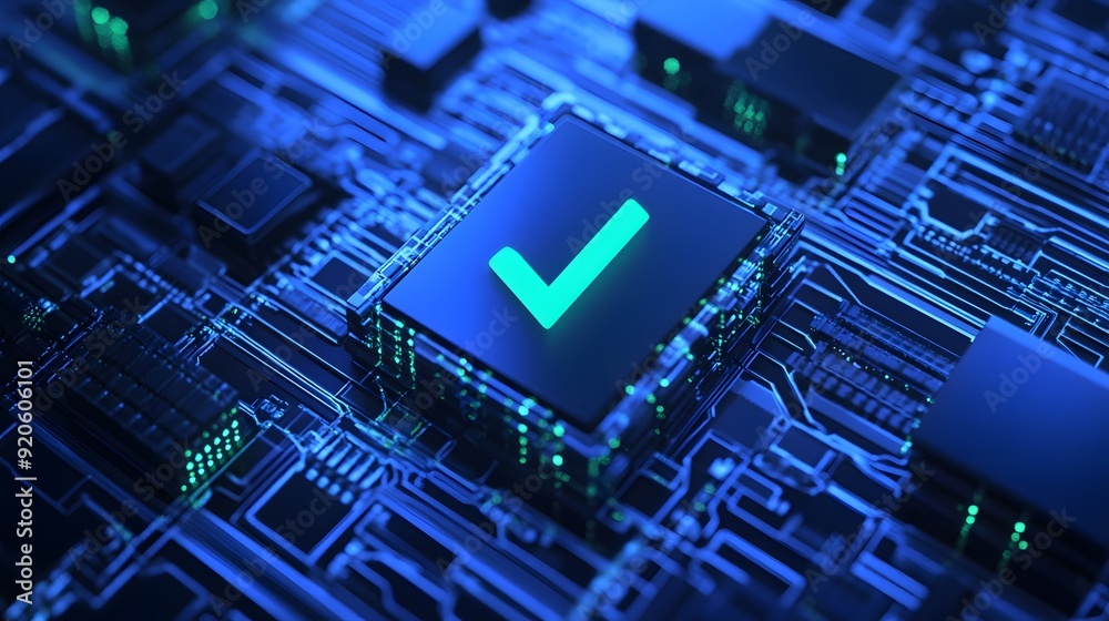 Close-up of a glowing checkmark on a circuit board representing technology and validation. High-tech electronic concept. Close-up of a glowing checkmark on a circuit board representing technology and validation. High-tech electronic concept.