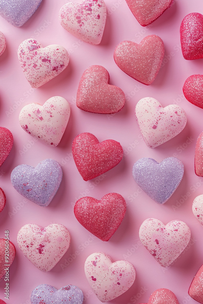 Obraz premium Valentine's Day, expressing love, romantic decoration. Vertical poster for social media. Top view of pattern of red heart shaped and colorful small cookies on pink background