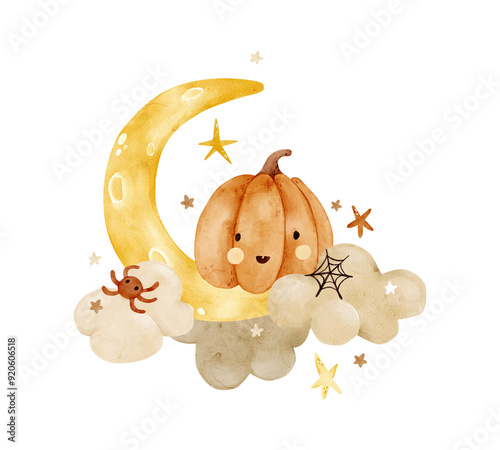 A cute pumpkin with a spider in the clouds with a moon and stars. Watercolor illustration for Happy Halloween. Clipart for card, greeting, invitation