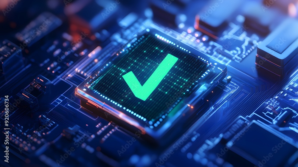 Close-up of a glowing green checkmark on a microchip, symbolizing approval, success, and tech reliability in a blue circuitry background.