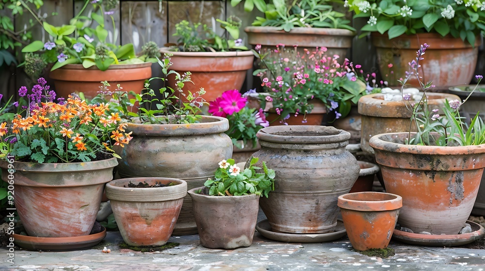 Fototapeta premium A variety of springtime clay flower pots in a pinner rural garden
