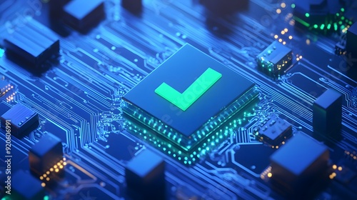 Close-up of a green checkmark on a microchip in a blue circuit board symbolizing successful technology or system verification.