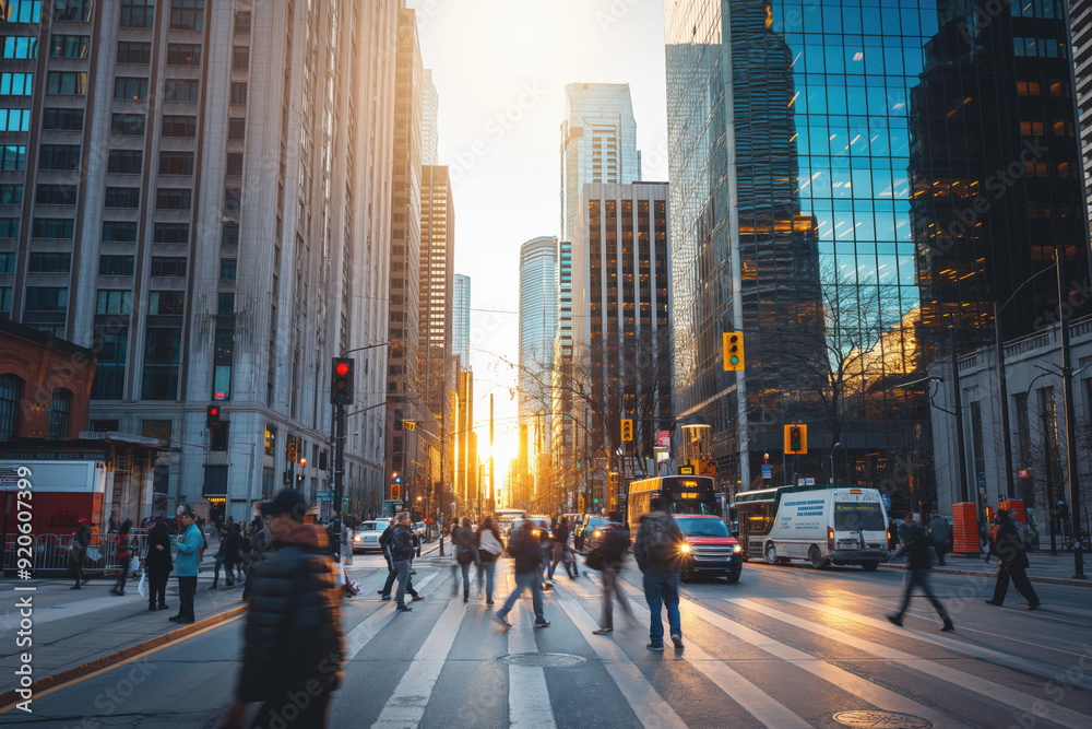 Commuters and business people are crossing a busy street at sunset in a modern financial district Commuters and business people are crossing a busy street at sunset in a modern financial district