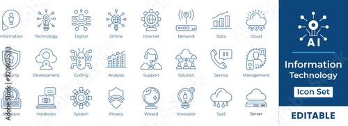 Information Technology line icon set featuring essential elements like cloud computing, data analysis, AI, security, development, and more. Perfect for web design, presentations, and mobile apps.