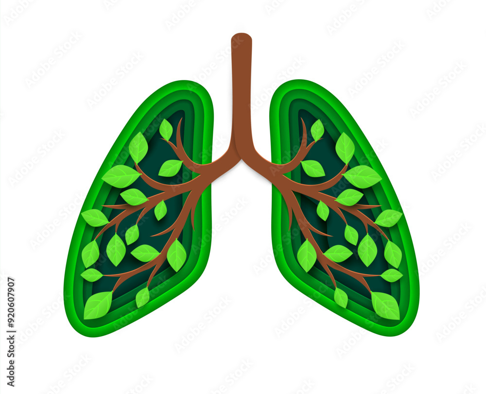 Lungs with green leaves of forest tree and eco plant paper cut concept of nature, ecology, environment and health care. Vector papercut healthy human lungs in shape of origami tree branches and leaves Lungs with green leaves of forest tree and eco plant paper cut concept of nature, ecology, environment and health care. Vector papercut healthy human lungs in shape of origami tree branches and leaves
