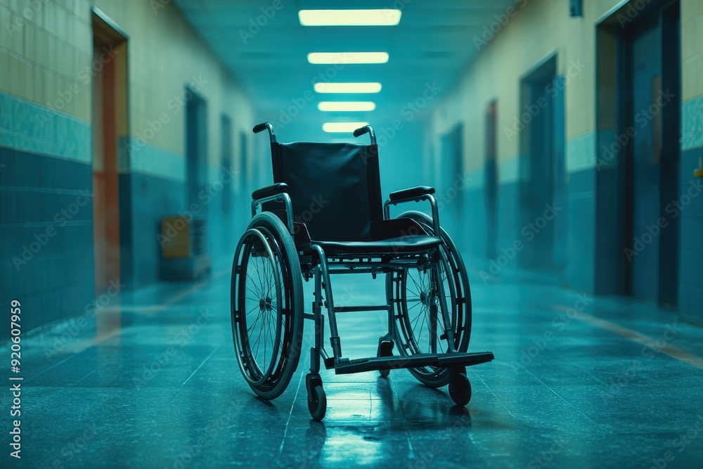 Empty Wheelchair in Hospital Corridor with Dim Lighting and Reflective Floor Empty Wheelchair in Hospital Corridor with Dim Lighting and Reflective Floor