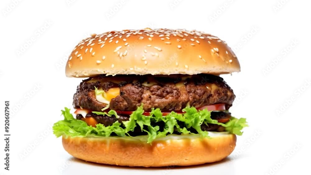 Juicy burger with fresh toppings sits waiting to be eaten. This burger is perfect for advertisements, websites, and social media Juicy burger with fresh toppings sits waiting to be eaten. This burger is perfect for advertisements, websites, and social media