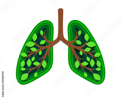 Lungs with green leaves of forest tree and eco plant paper cut concept of nature, ecology, environment and health care. Vector papercut healthy human lungs in shape of origami tree branches and leaves