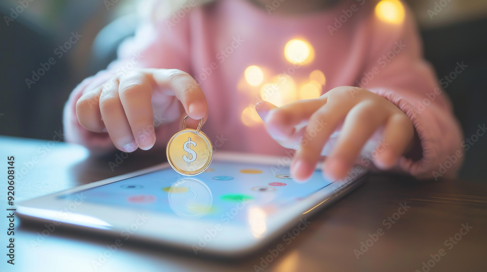 A child using a tablet or smartphone with a savings app on the screen, representing modern ways of teaching money management A child using a tablet or smartphone with a savings app on the screen, representing modern ways of teaching money management