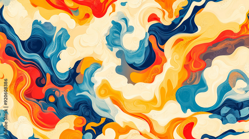 Fluid shapes dance in a vibrant abstract pattern, swirling in hues of blue, red, orange, yellow, white, cream, and beige. Fluid shapes dance in a vibrant abstract pattern, swirling in hues of blue, red, orange, yellow, white, cream, and beige.