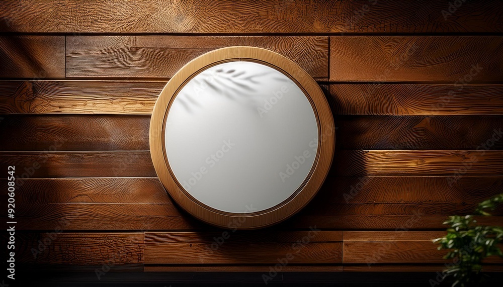 man walking on the bridge, frame on blue background, dish on the wall, frame on the wall, wooden frame on wooden wall, A wooden wall hosts a circular mockup signboard, awaiting a storefront's branding