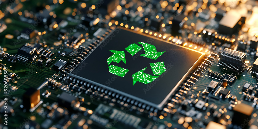 Obraz premium Eco-Friendly Technology Concept: Recycling Symbol on Circuit Board.
