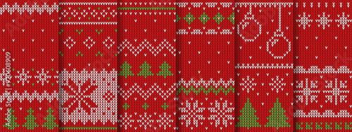 Red Christmas knit patterns, sweater texture or jumper knitted ornaments of vector Xmas winter holidays. Snowflakes, Christmas trees, balls, snow and stars knit patterns, Xmas ugly sweater backgrounds