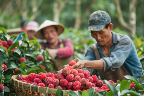 Wallpaper Mural Farmers harvesting ripe lychees in a lush vietnamese orchard, showcasing hard work and dedication in a picturesque scene of people coming together during the summer season Torontodigital.ca