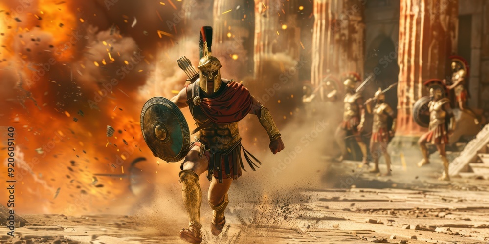 Obraz premium Spartan Warrior Running Through Battlefield