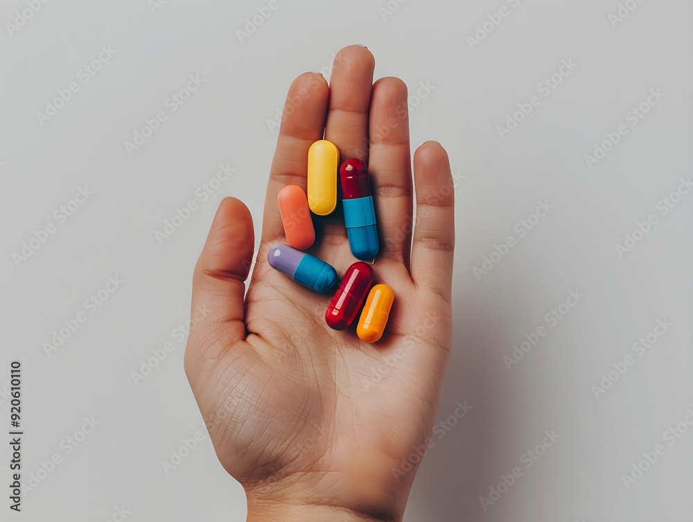 A hand holding various colorful capsules on a light background in a health and wellness context A hand holding various colorful capsules on a light background in a health and wellness context