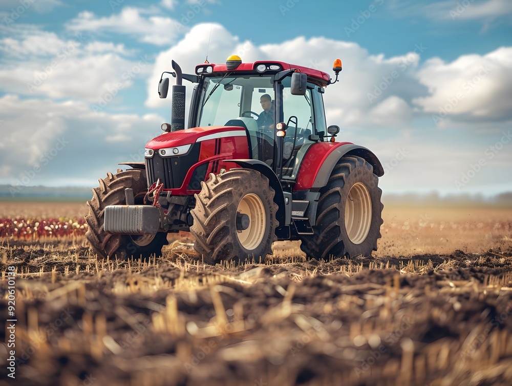 Tractor working on a farm field under a bright sky in late afternoon Tractor working on a farm field under a bright sky in late afternoon
