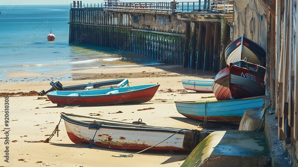 A view of the seaside timber pier with a backdrop featuring stored boats on the pier beach A view of the seaside timber pier with a backdrop featuring stored boats on the pier beach