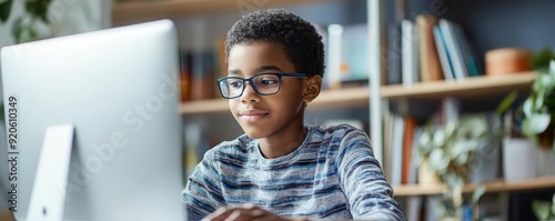 Young boy engaged in online...