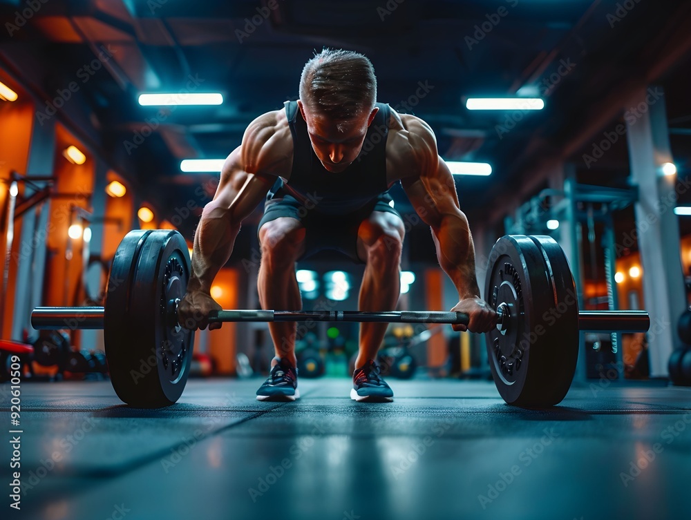 Bodybuilder lifting weights in a modern gym during evening hours Bodybuilder lifting weights in a modern gym during evening hours