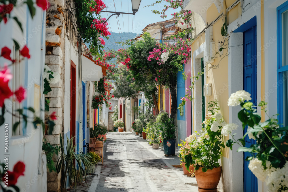 Picturesque narrow street with colorful houses and blooming flowers leading to the mountain on a sunny summer day Picturesque narrow street with colorful houses and blooming flowers leading to the mountain on a sunny summer day