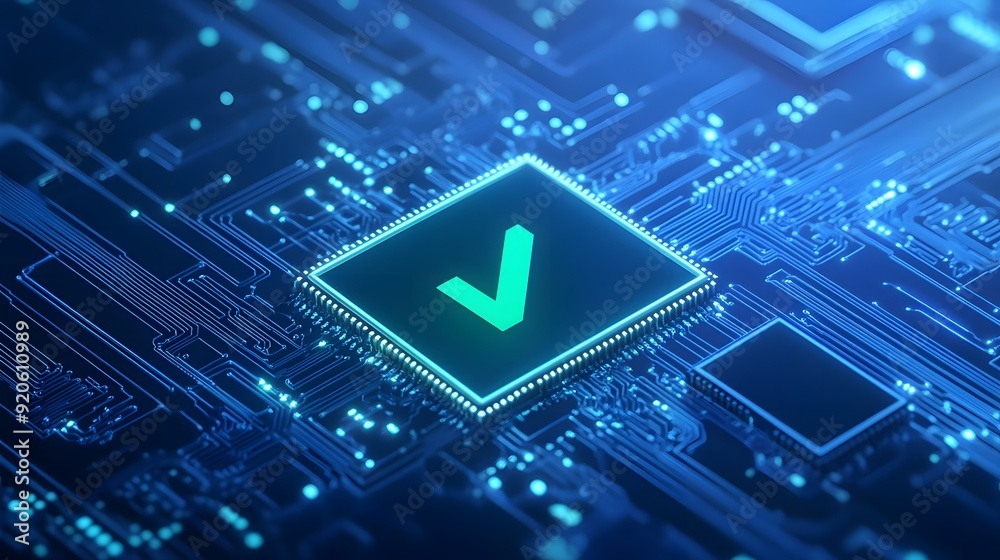 Digital circuit board with a glowing checkmark symbol, representing technology validation and approval in a futuristic blue tone. Digital circuit board with a glowing checkmark symbol, representing technology validation and approval in a futuristic blue tone.
