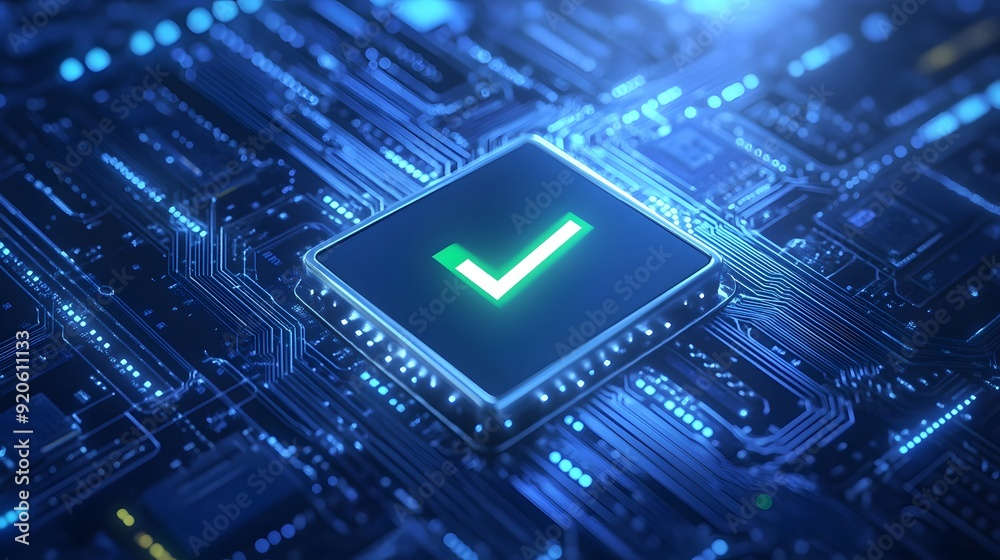 Digital circuit board with a glowing green checkmark symbol highlighting approval or security in technology and electronics. Digital circuit board with a glowing green checkmark symbol highlighting approval or security in technology and electronics.