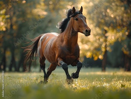 Horse galloping through a sunlit meadow surrounded by trees in the late afternoon