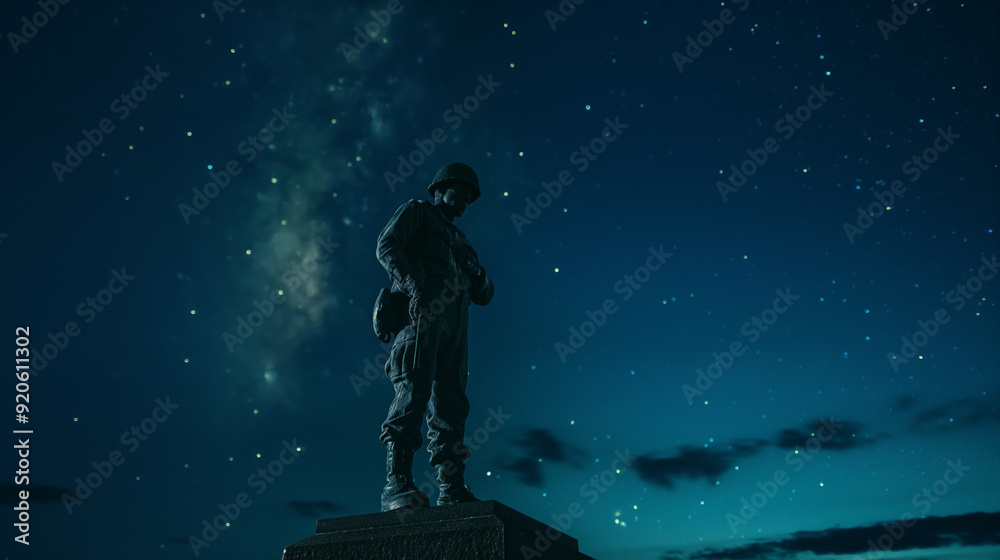 Obraz premium Silhouette of a Soldier Under a Starry Sky...